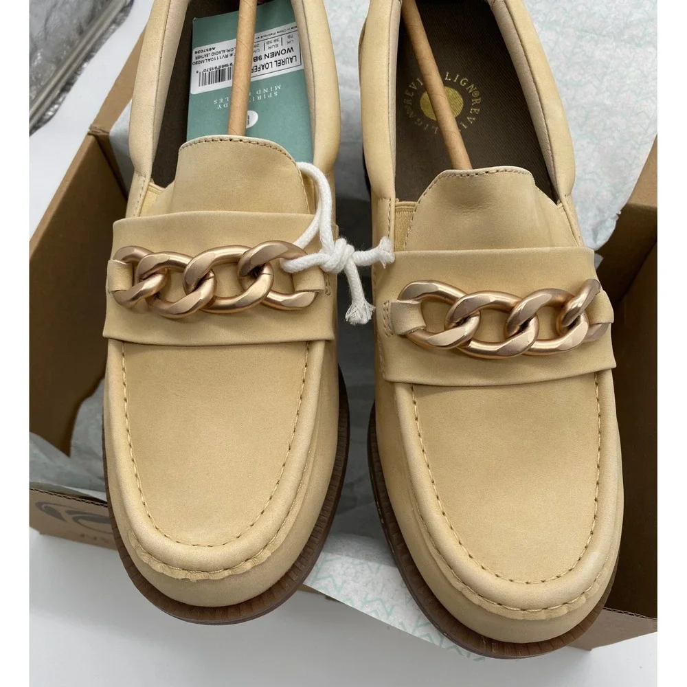 Revitalign Womens Laurel Loafer Almond Leather Gold Chain Lug Sole RV1110 9B